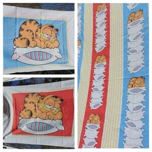 70's Vintage Garfield Twin Bed Flat Sheet Wabasso Cartoon Cat + 2 Pillows Case